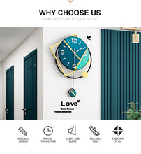 Load image into Gallery viewer, Round Green and Golden Modern Wall Clock with pendulum
