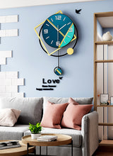 Load image into Gallery viewer, Round Green and Golden Modern Wall Clock with pendulum
