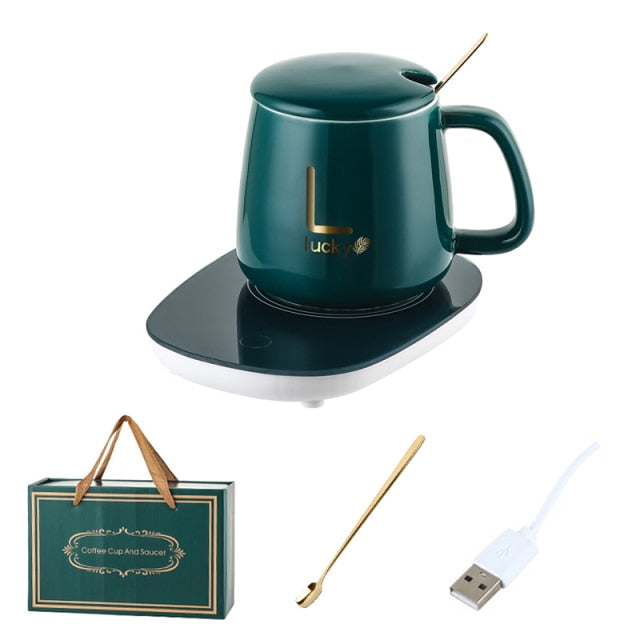 Coffee Mug Warmer Set, Electric USB Mug Cup Warmer with Flat Bottom Mug/Bamboo  Lid/Spoon for Desk Office Home Use - Green(with Mug) in 2023
